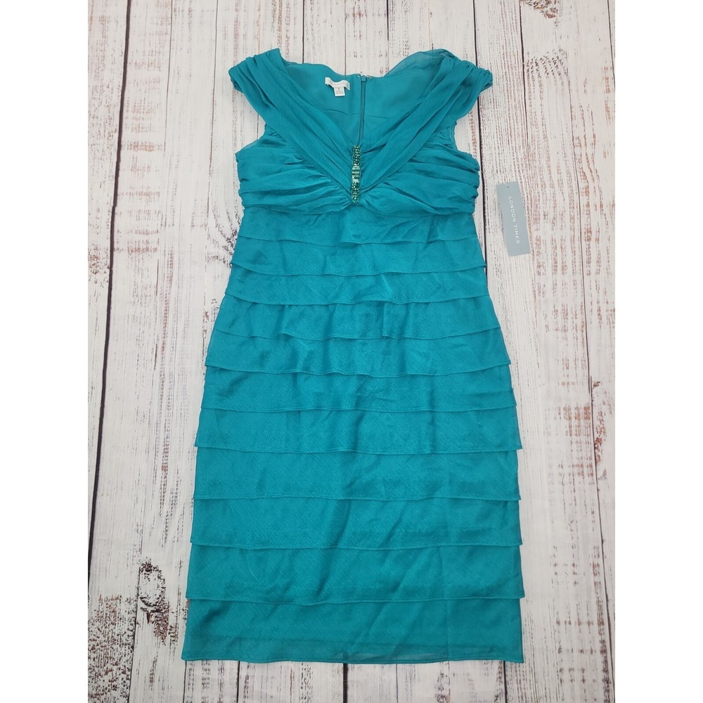 NWT‎ London Times Tiered Sleeveless Teal Cocktail Party Sheath Dress Women's 6